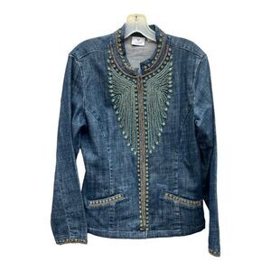 CHICO’S Turquoise Beaded Embellished Elma Denim Jacket Sz M Western Bohemian